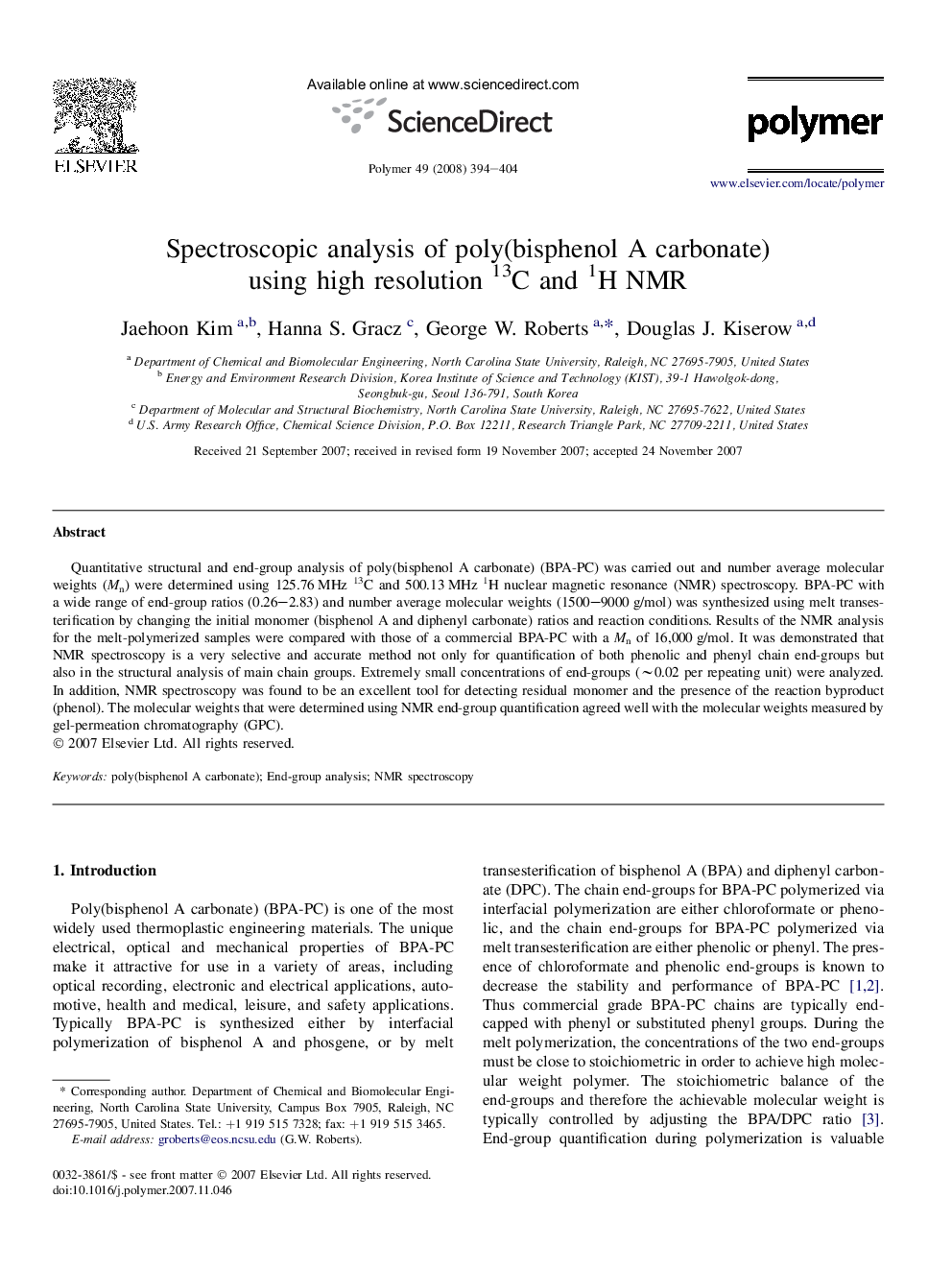 Spectroscopic analysis of poly(bisphenol A carbonate) using high resolution 13C and 1H NMR