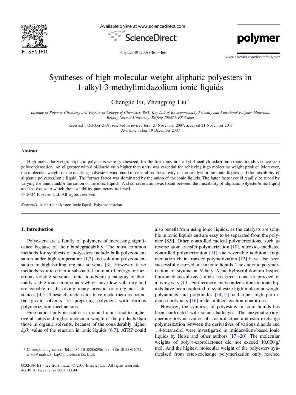 Syntheses of high molecular weight aliphatic polyesters in 1-alkyl-3-methylimidazolium ionic liquids