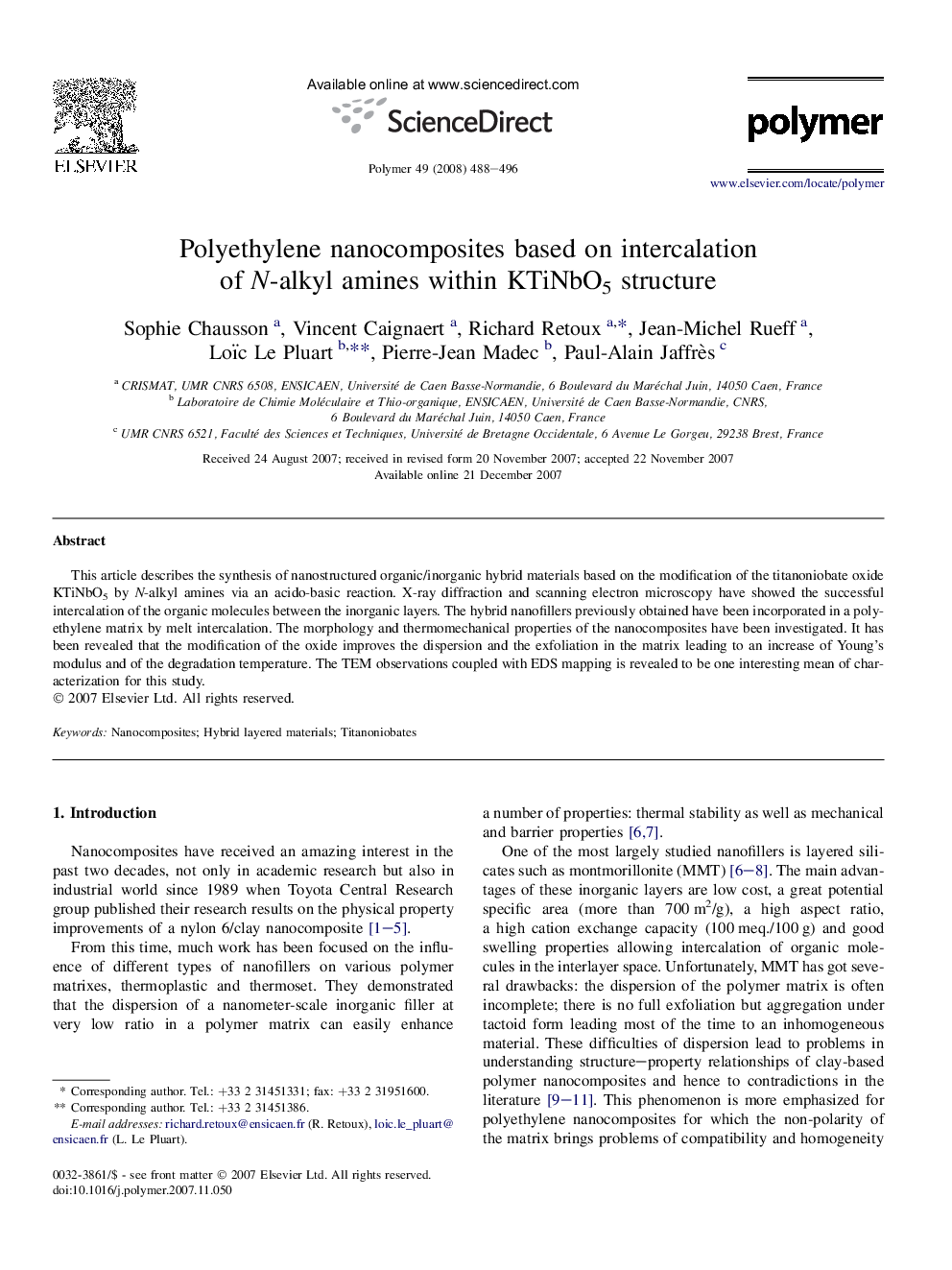 Polyethylene nanocomposites based on intercalation of N-alkyl amines within KTiNbO5 structure