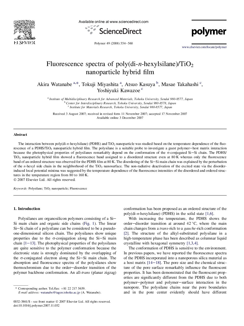 Fluorescence spectra of poly(di-n-hexylsilane)/TiO2 nanoparticle hybrid film