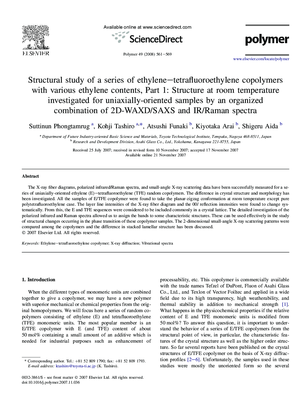 Structural study of a series of ethylene-tetrafluoroethylene copolymers with various ethylene contents, Part 1: Structure at room temperature investigated for uniaxially-oriented samples by an organized combination of 2D-WAXD/SAXS and IR/Raman spectra