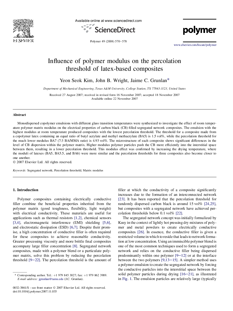 Influence of polymer modulus on the percolation threshold of latex-based composites