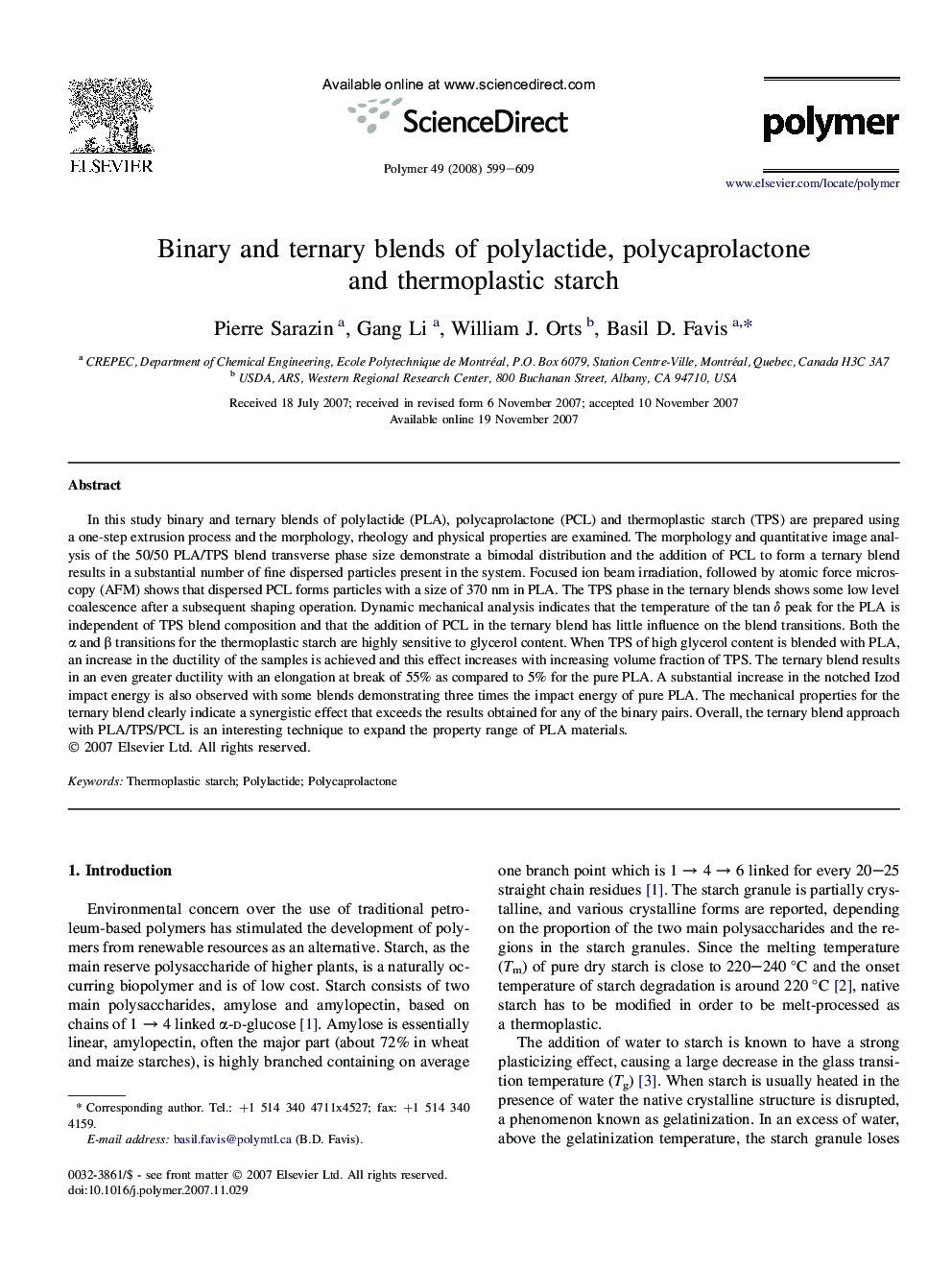 Binary and ternary blends of polylactide, polycaprolactone and thermoplastic starch