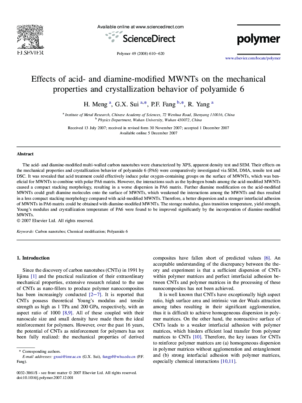Effects of acid- and diamine-modified MWNTs on the mechanical properties and crystallization behavior of polyamide 6