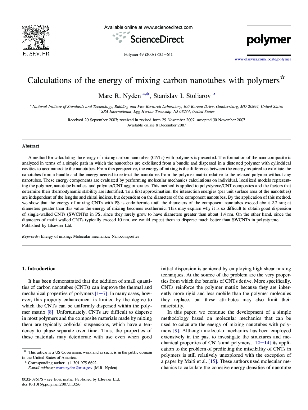 Calculations of the energy of mixing carbon nanotubes with polymers