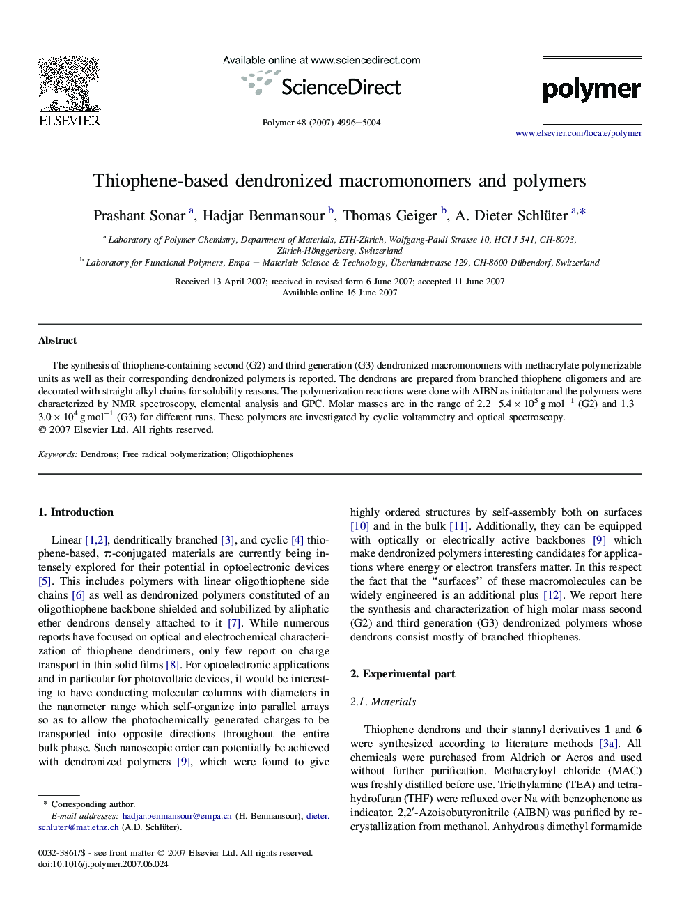 Thiophene-based dendronized macromonomers and polymers