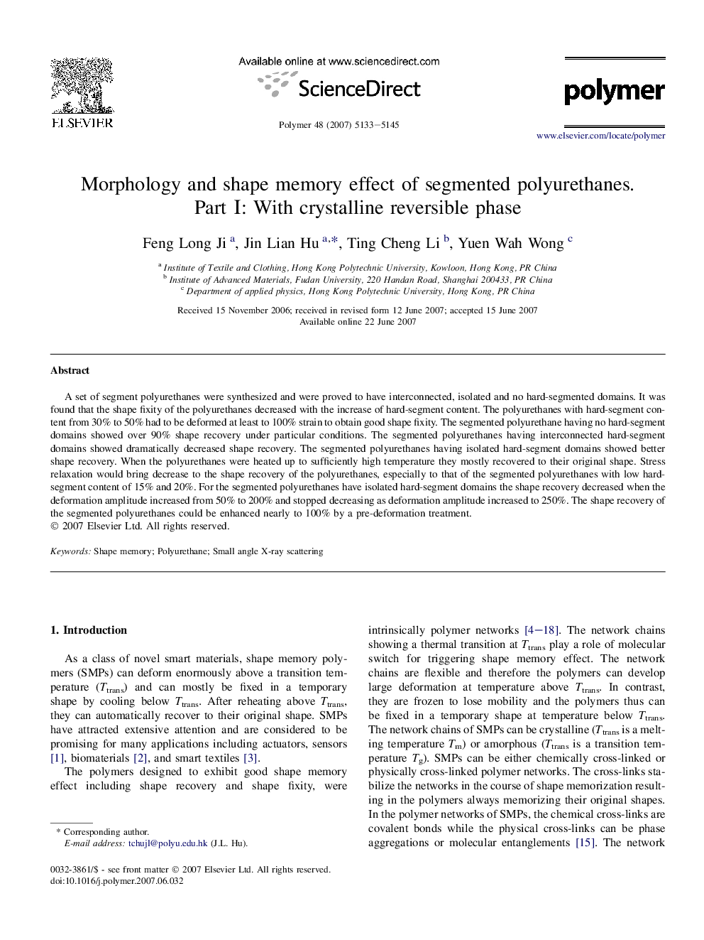 Morphology and shape memory effect of segmented polyurethanes. Part Ð: With crystalline reversible phase