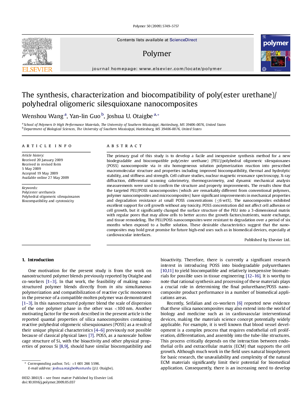 The synthesis, characterization and biocompatibility of poly(ester urethane)/polyhedral oligomeric silesquioxane nanocomposites