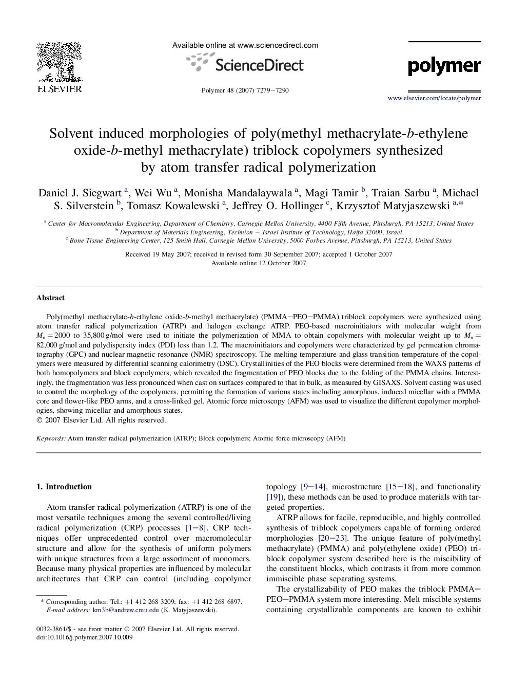 Solvent induced morphologies of poly(methyl methacrylate-b-ethylene oxide-b-methyl methacrylate) triblock copolymers synthesized by atom transfer radical polymerization