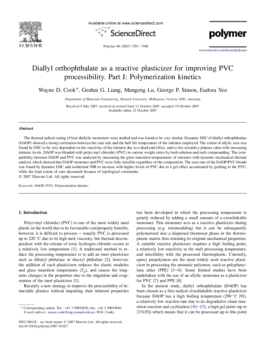 Diallyl orthophthalate as a reactive plasticizer for improving PVC processibility. Part I: Polymerization kinetics