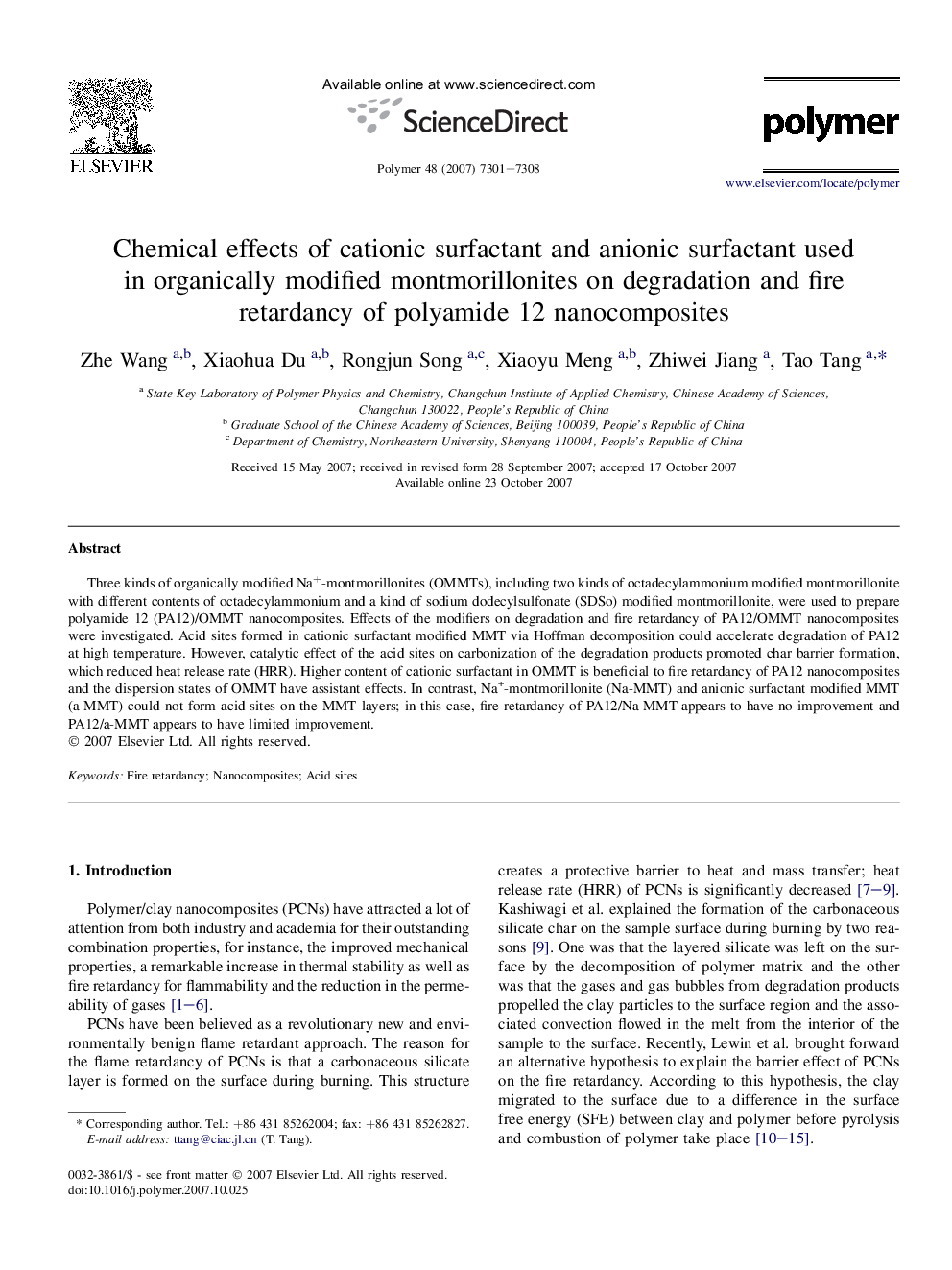 Chemical effects of cationic surfactant and anionic surfactant used in organically modified montmorillonites on degradation and fire retardancy of polyamide 12 nanocomposites