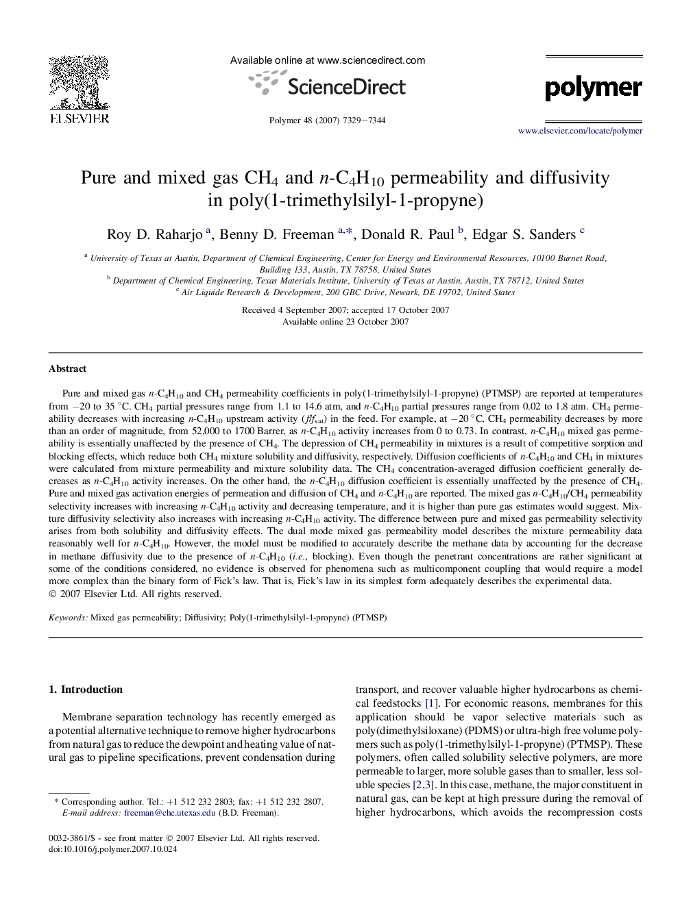 Pure and mixed gas CH4 and n-C4H10 permeability and diffusivity in poly(1-trimethylsilyl-1-propyne)