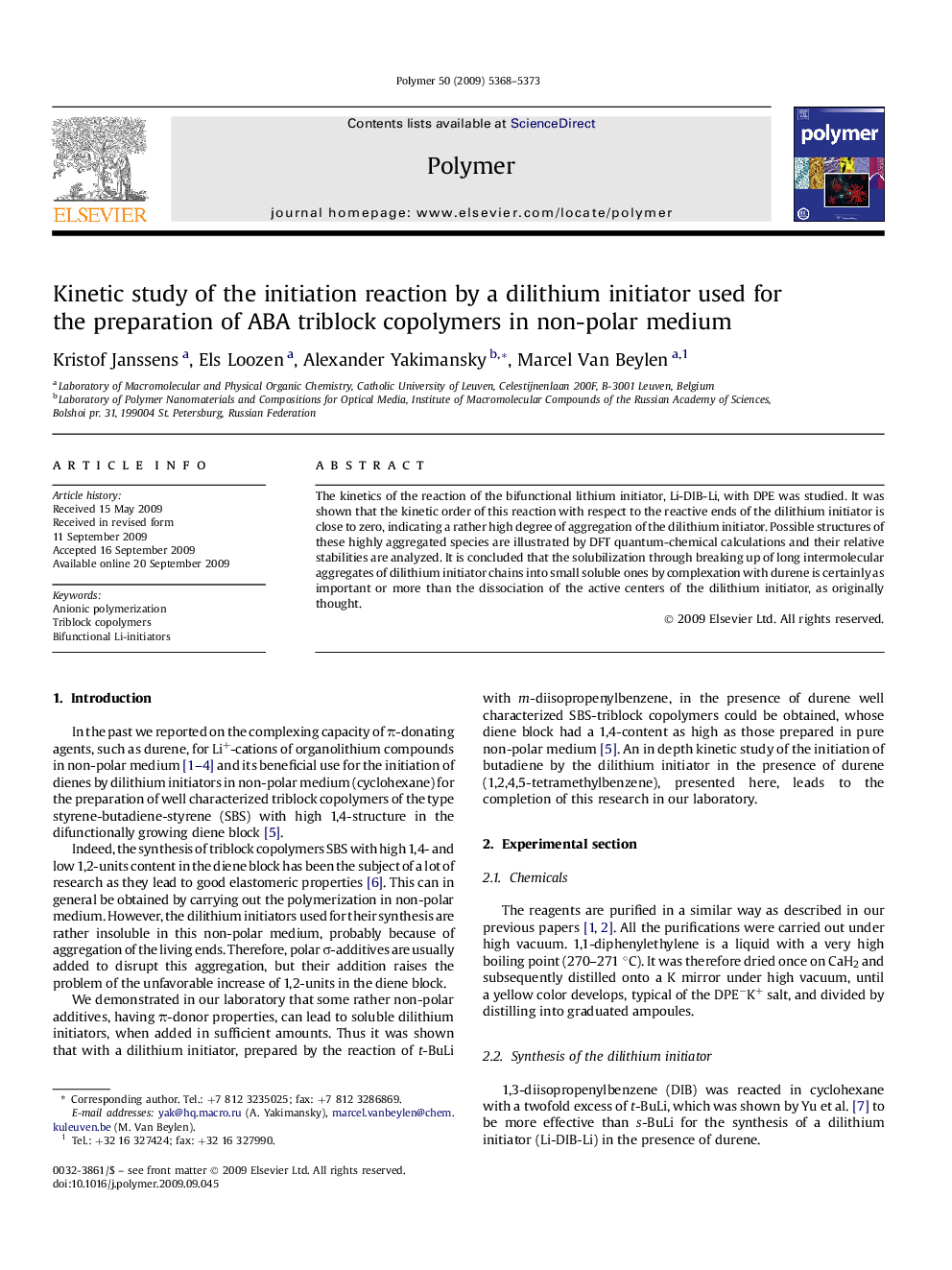 Kinetic study of the initiation reaction by a dilithium initiator used for the preparation of ABA triblock copolymers in non-polar medium