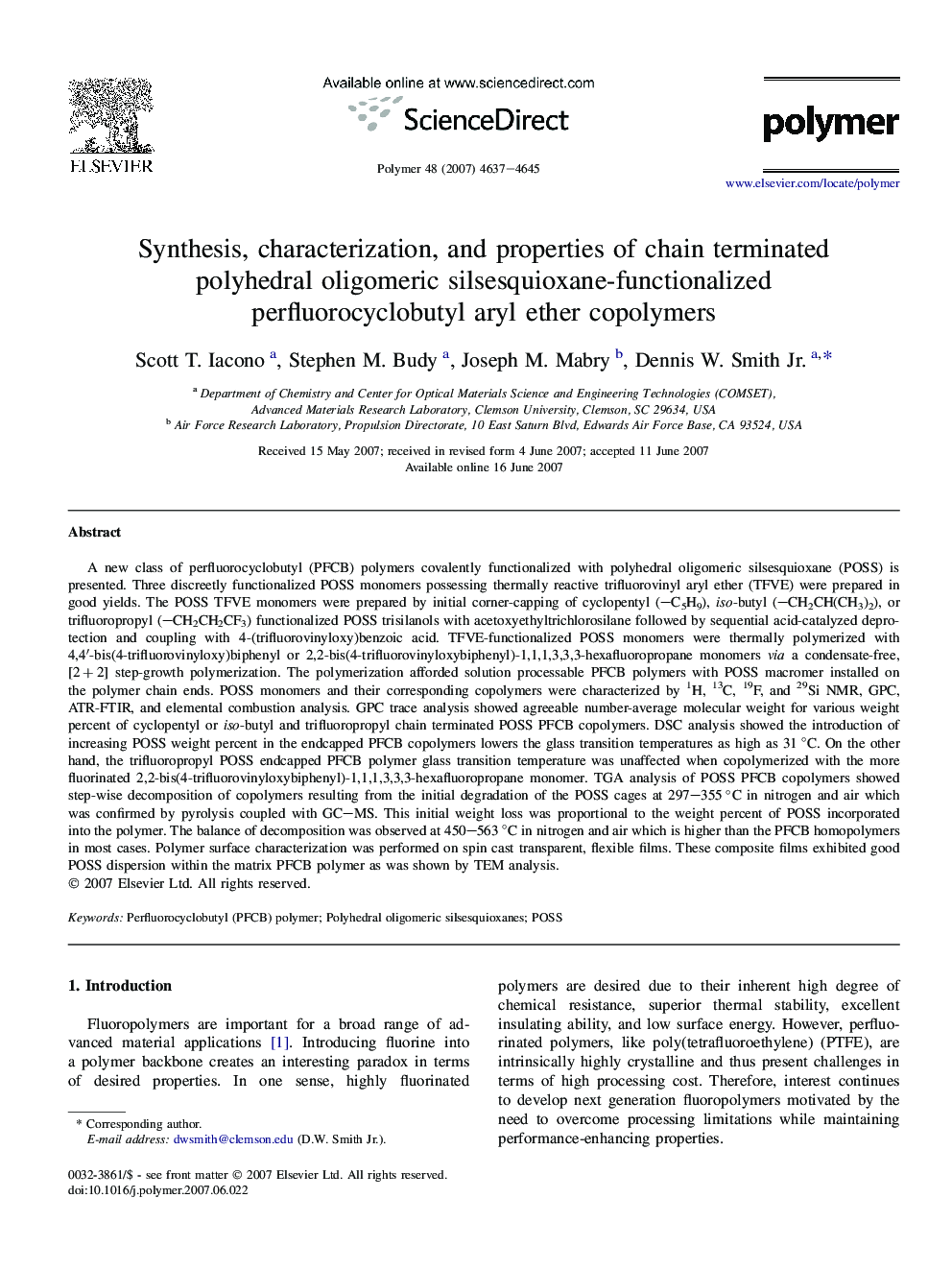 Synthesis, characterization, and properties of chain terminated polyhedral oligomeric silsesquioxane-functionalized perfluorocyclobutyl aryl ether copolymers