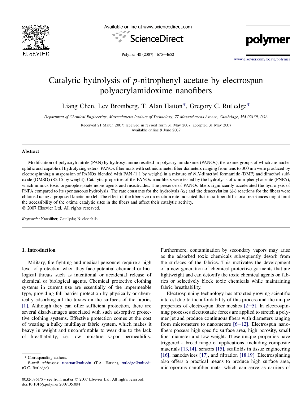Catalytic hydrolysis of p-nitrophenyl acetate by electrospun polyacrylamidoxime nanofibers