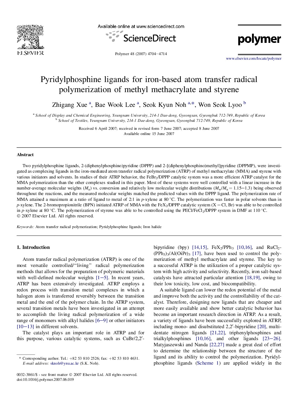Pyridylphosphine ligands for iron-based atom transfer radical polymerization of methyl methacrylate and styrene