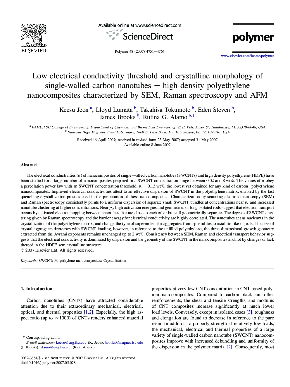 Low electrical conductivity threshold and crystalline morphology of single-walled carbon nanotubes - high density polyethylene nanocomposites characterized by SEM, Raman spectroscopy and AFM