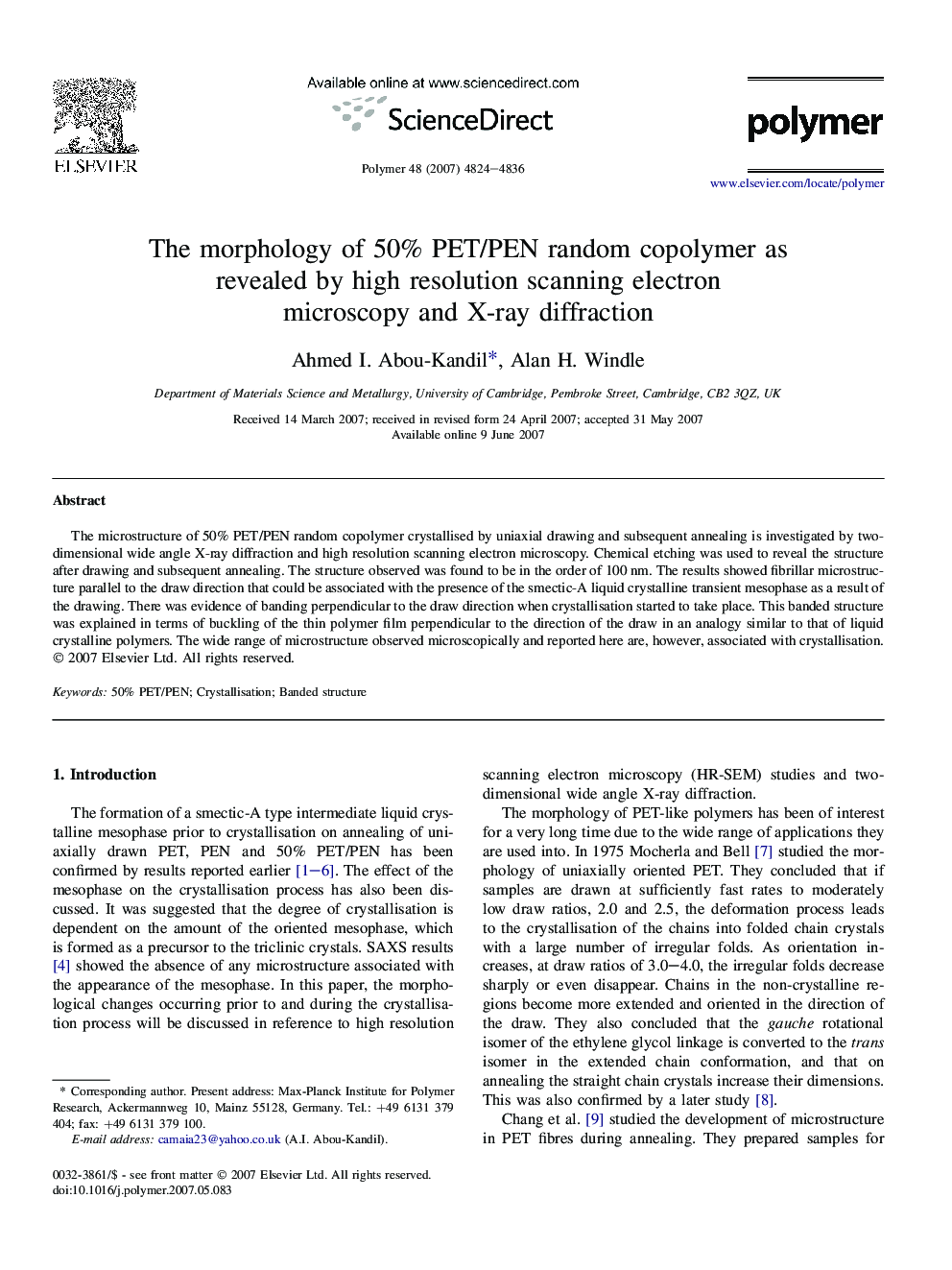 The morphology of 50% PET/PEN random copolymer as revealed by high resolution scanning electron microscopy and X-ray diffraction