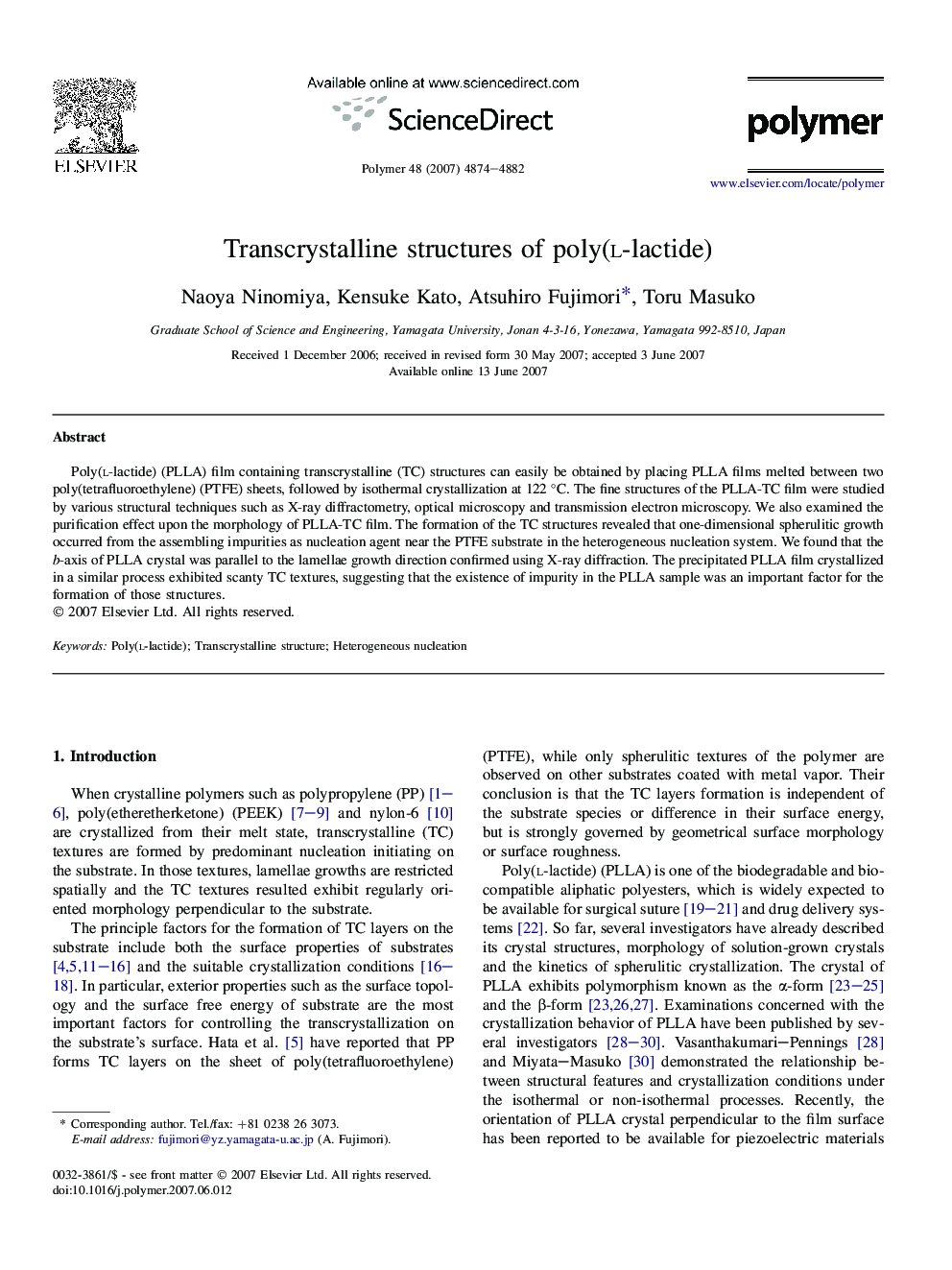 Transcrystalline structures of poly(l-lactide)