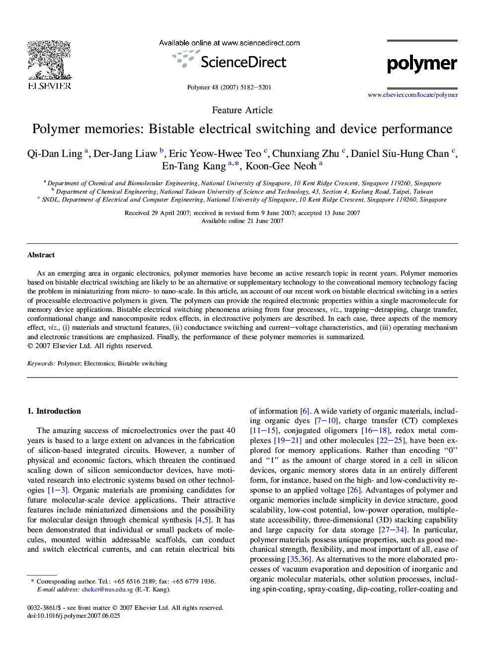 Polymer memories: Bistable electrical switching and device performance