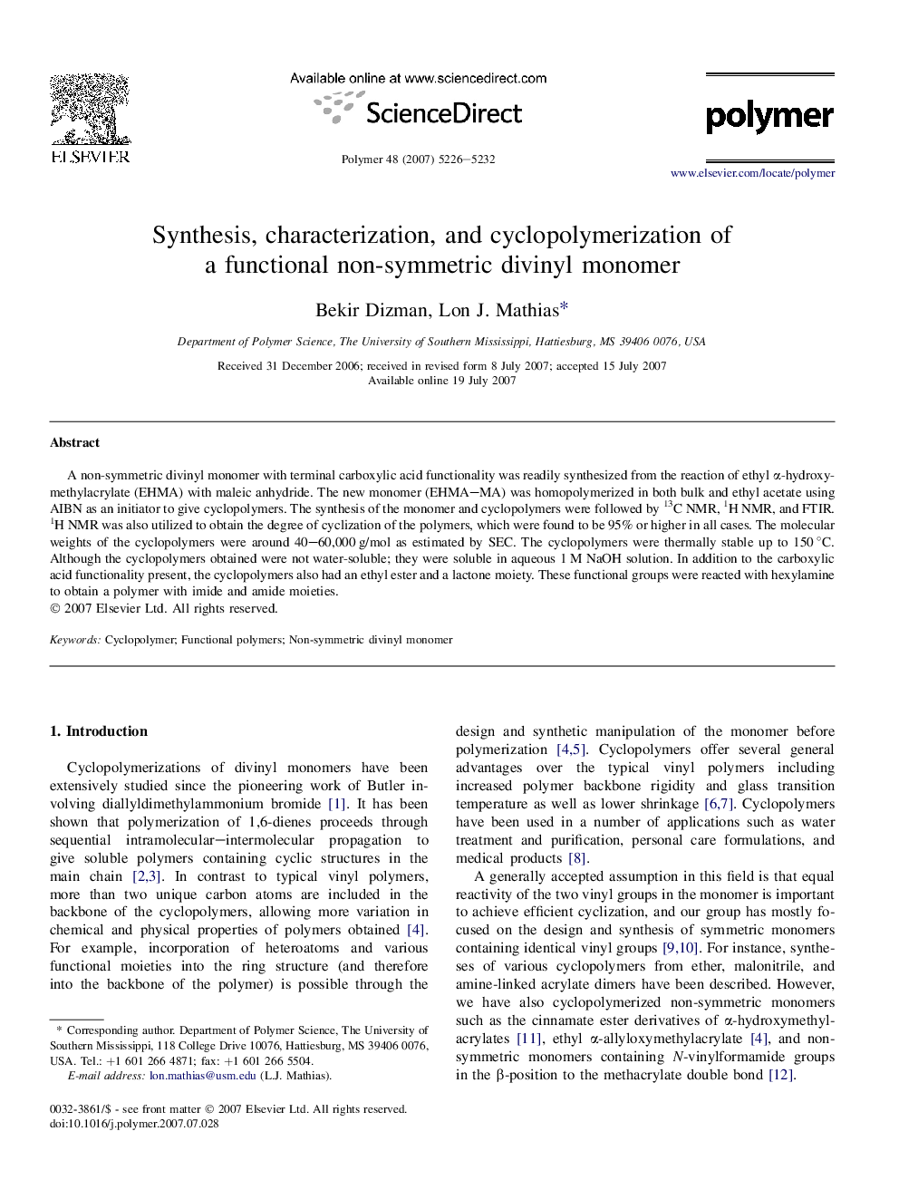 Synthesis, characterization, and cyclopolymerization of a functional non-symmetric divinyl monomer