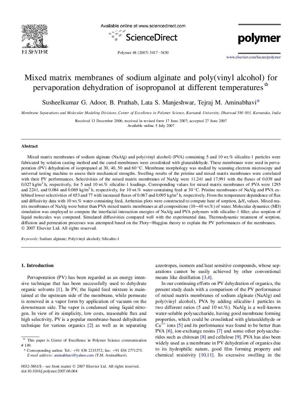 Mixed matrix membranes of sodium alginate and poly(vinyl alcohol) for pervaporation dehydration of isopropanol at different temperatures