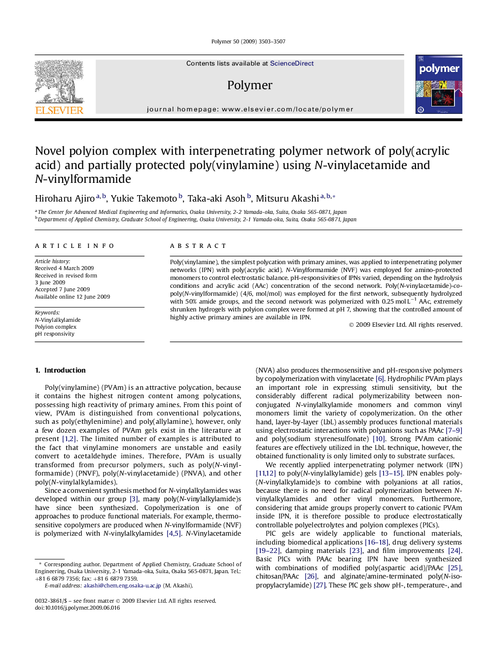 Novel polyion complex with interpenetrating polymer network of poly(acrylic acid) and partially protected poly(vinylamine) using N-vinylacetamide and N-vinylformamide