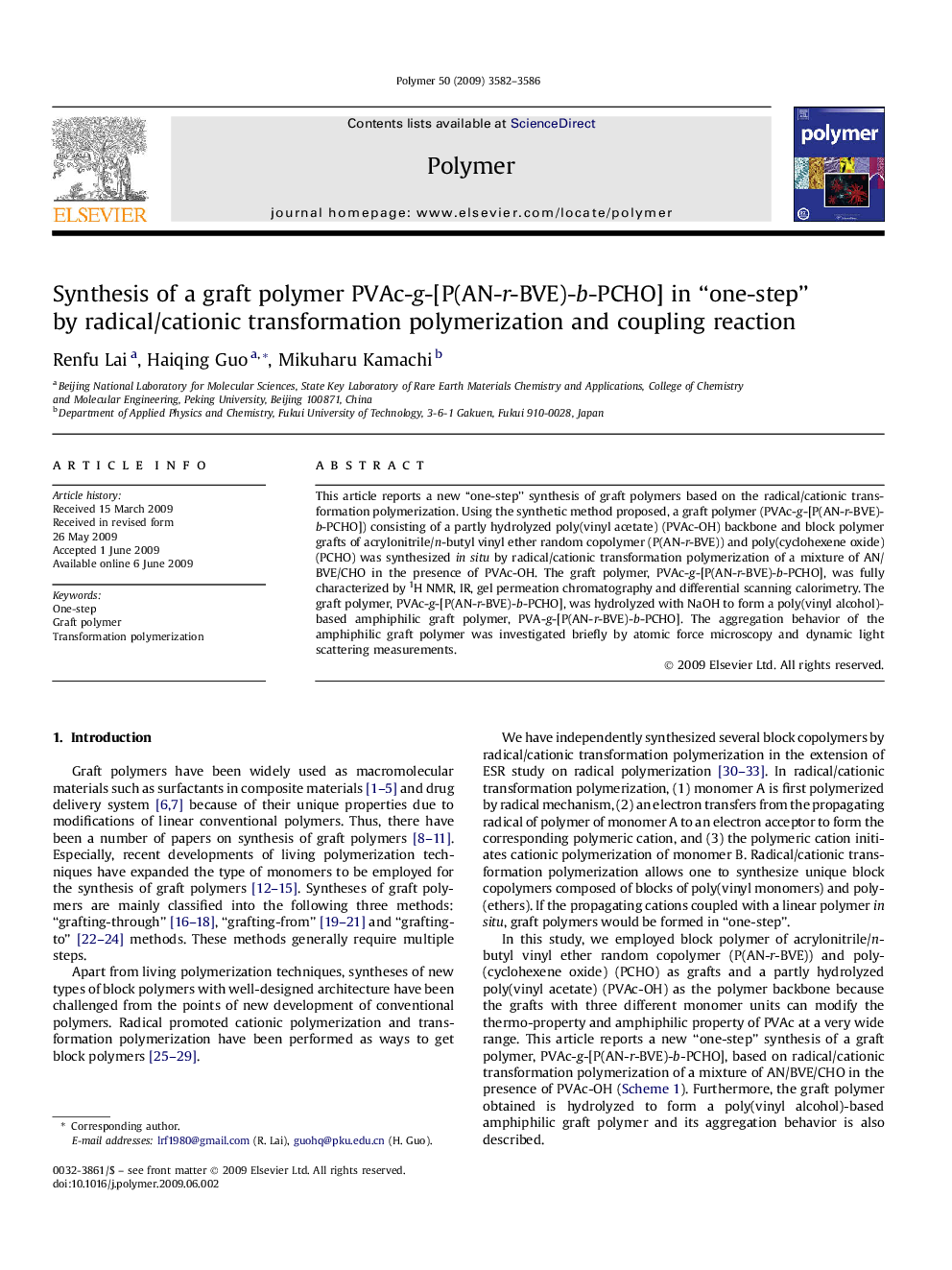 Synthesis of a graft polymer PVAc-g-[P(AN-r-BVE)-b-PCHO] in “one-step” by radical/cationic transformation polymerization and coupling reaction