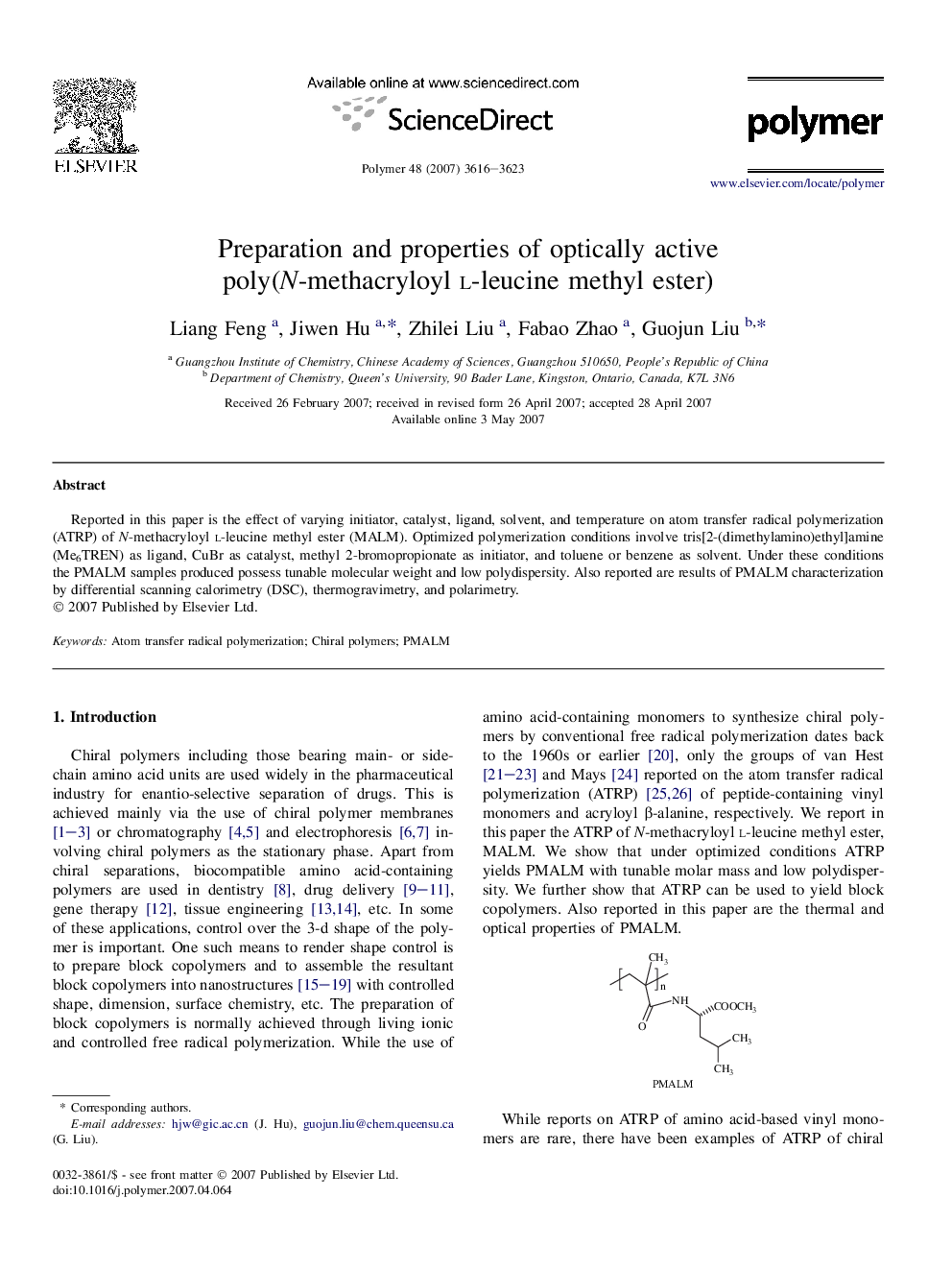 Preparation and properties of optically active poly(N-methacryloyl l-leucine methyl ester)