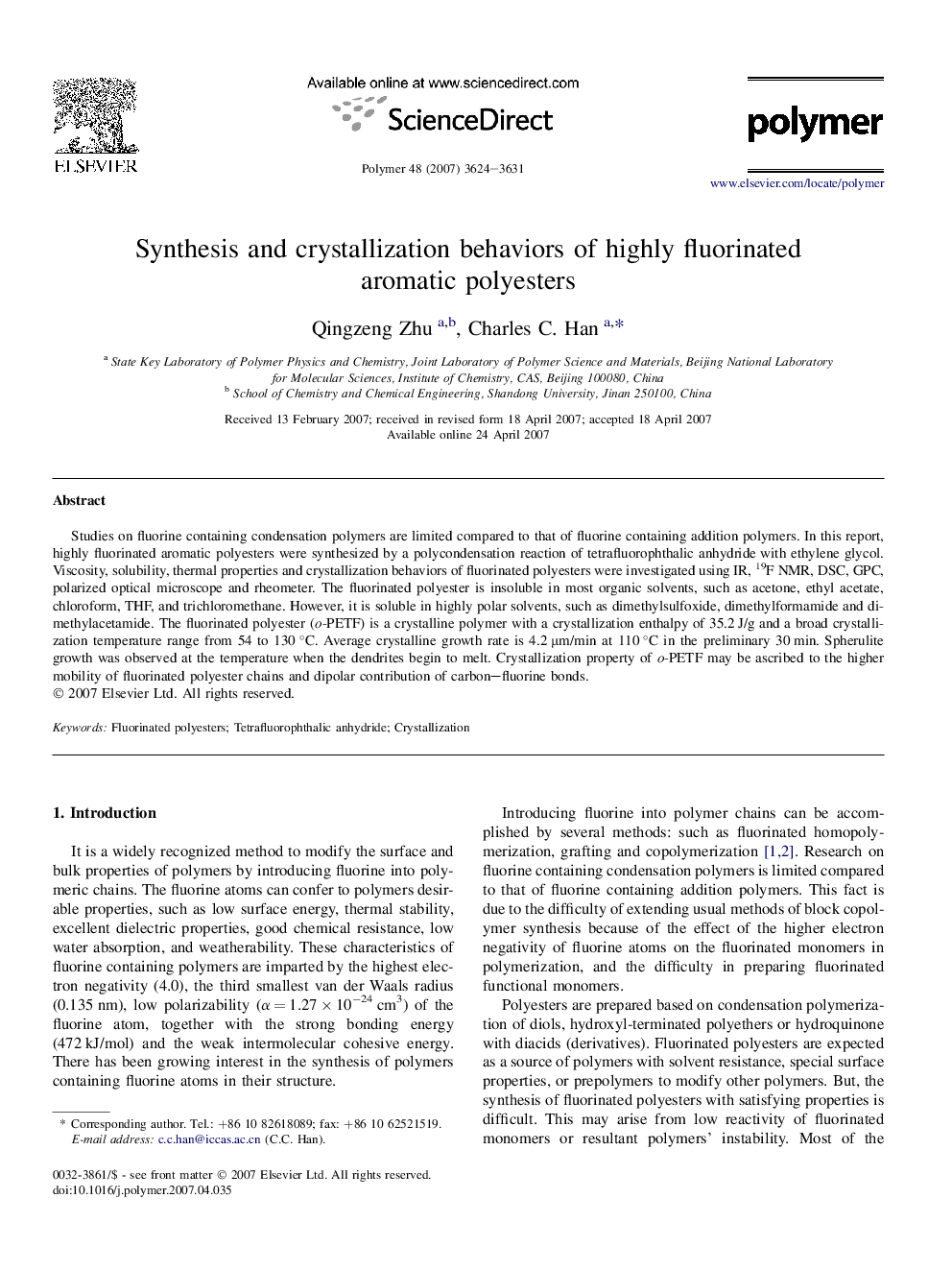 Synthesis and crystallization behaviors of highly fluorinated aromatic polyesters