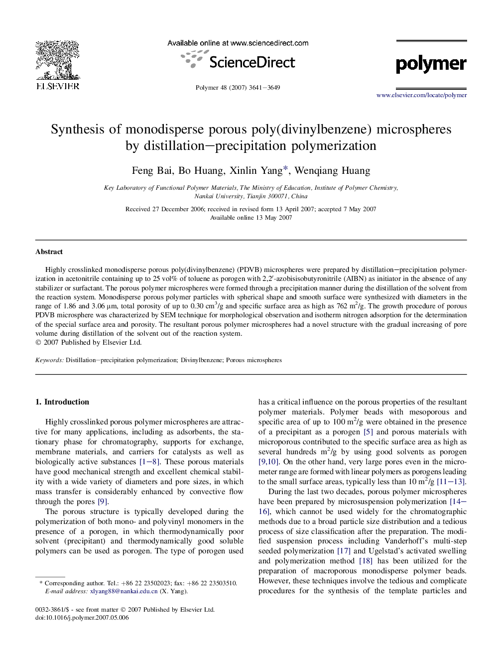 Synthesis of monodisperse porous poly(divinylbenzene) microspheres by distillation-precipitation polymerization