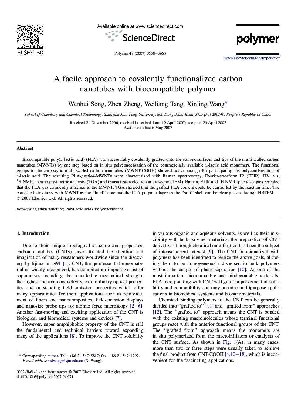 A facile approach to covalently functionalized carbon nanotubes with biocompatible polymer