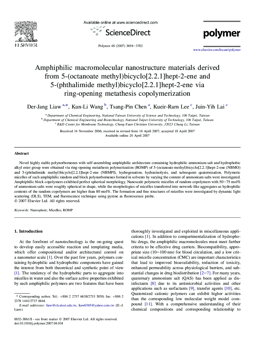 Amphiphilic macromolecular nanostructure materials derived from 5-(octanoate methyl)bicyclo[2.2.1]hept-2-ene and 5-(phthalimide methyl)bicyclo[2.2.1]hept-2-ene via ring-opening metathesis copolymerization