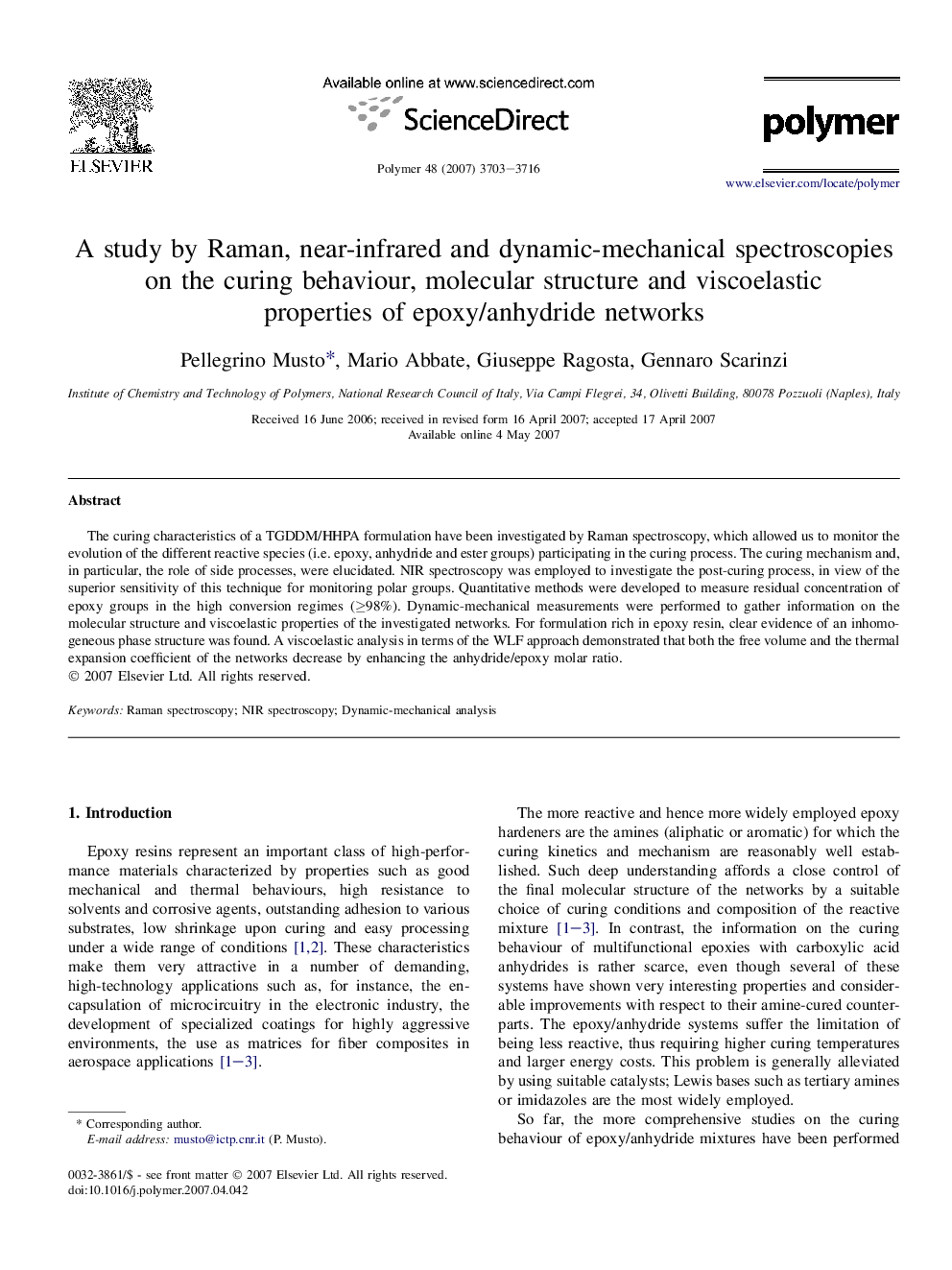 A study by Raman, near-infrared and dynamic-mechanical spectroscopies on the curing behaviour, molecular structure and viscoelastic properties of epoxy/anhydride networks