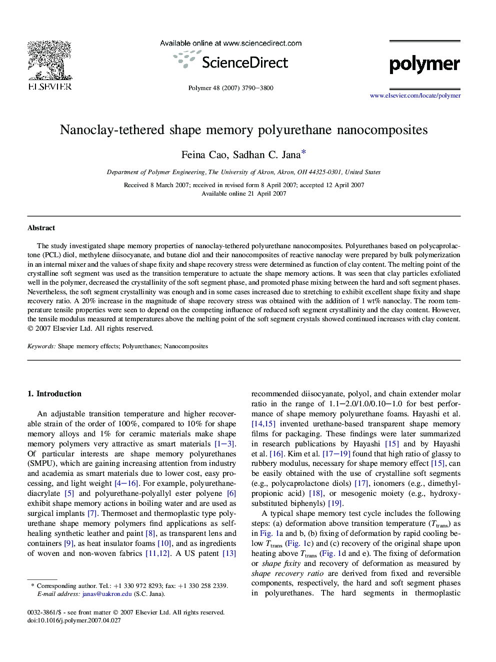 Nanoclay-tethered shape memory polyurethane nanocomposites