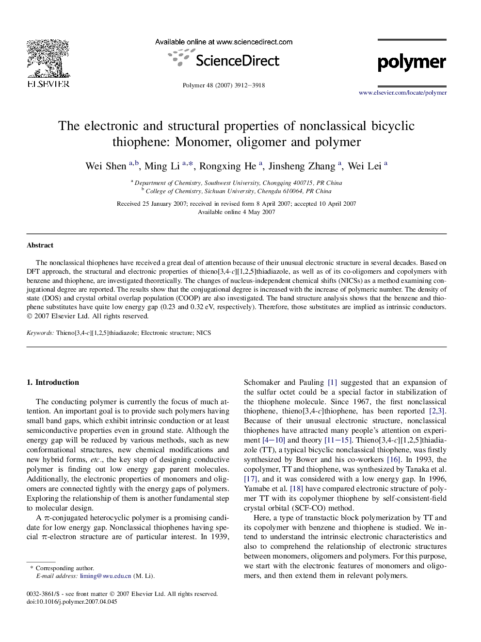 The electronic and structural properties of nonclassical bicyclic thiophene: Monomer, oligomer and polymer