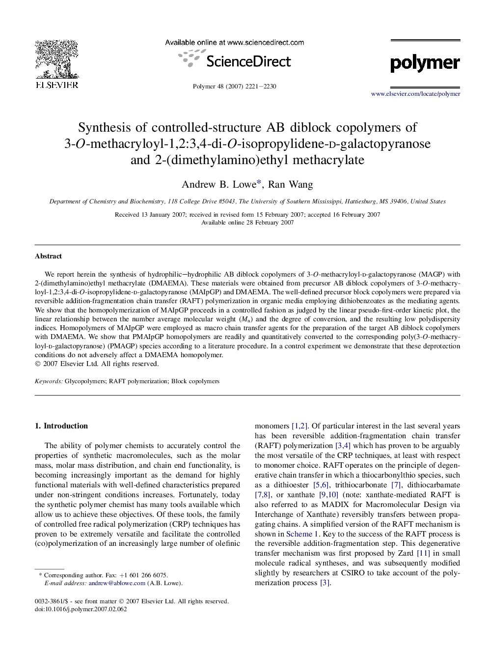 Synthesis of controlled-structure AB diblock copolymers of 3-O-methacryloyl-1,2:3,4-di-O-isopropylidene-d-galactopyranose and 2-(dimethylamino)ethyl methacrylate