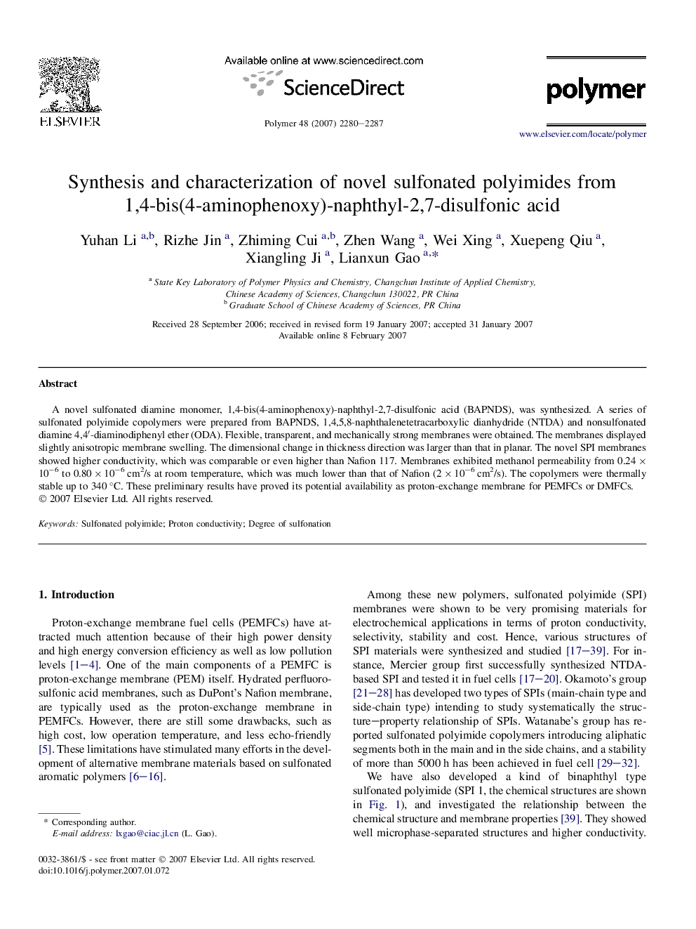 Synthesis and characterization of novel sulfonated polyimides from 1,4-bis(4-aminophenoxy)-naphthyl-2,7-disulfonic acid