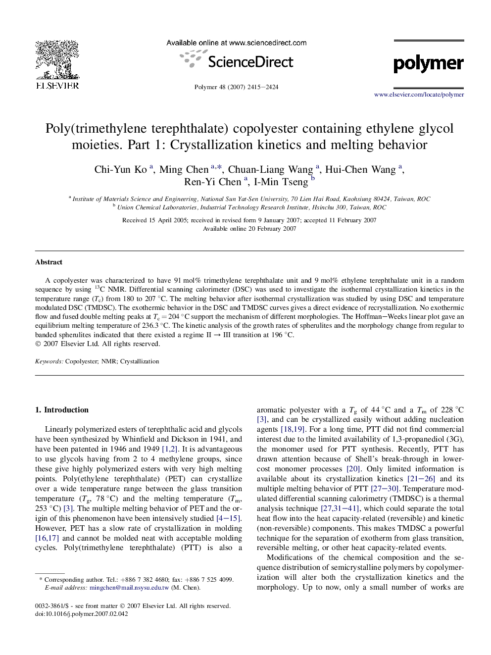 Poly(trimethylene terephthalate) copolyester containing ethylene glycol moieties. Part 1: Crystallization kinetics and melting behavior