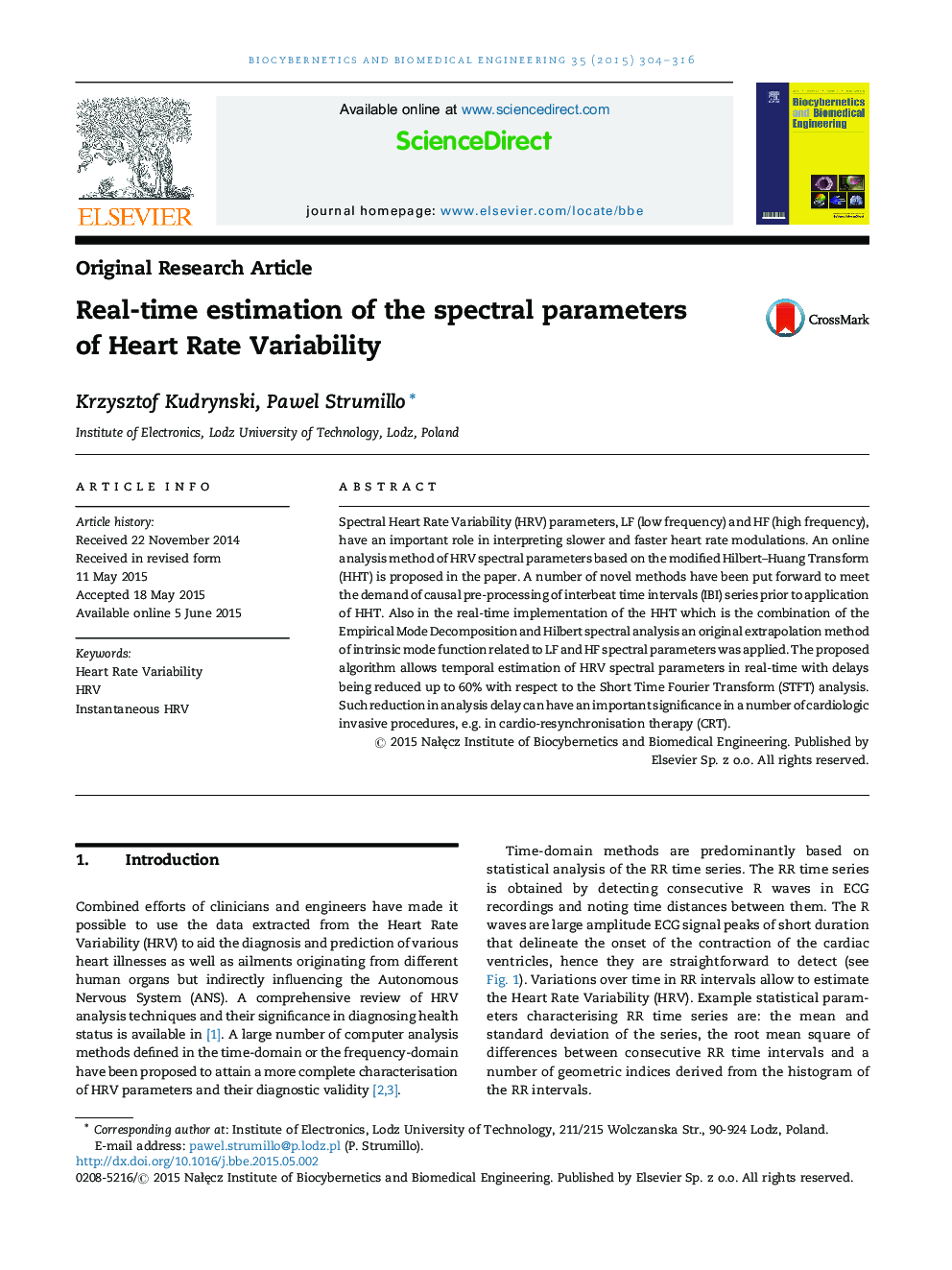 Real-time estimation of the spectral parameters of Heart Rate Variability