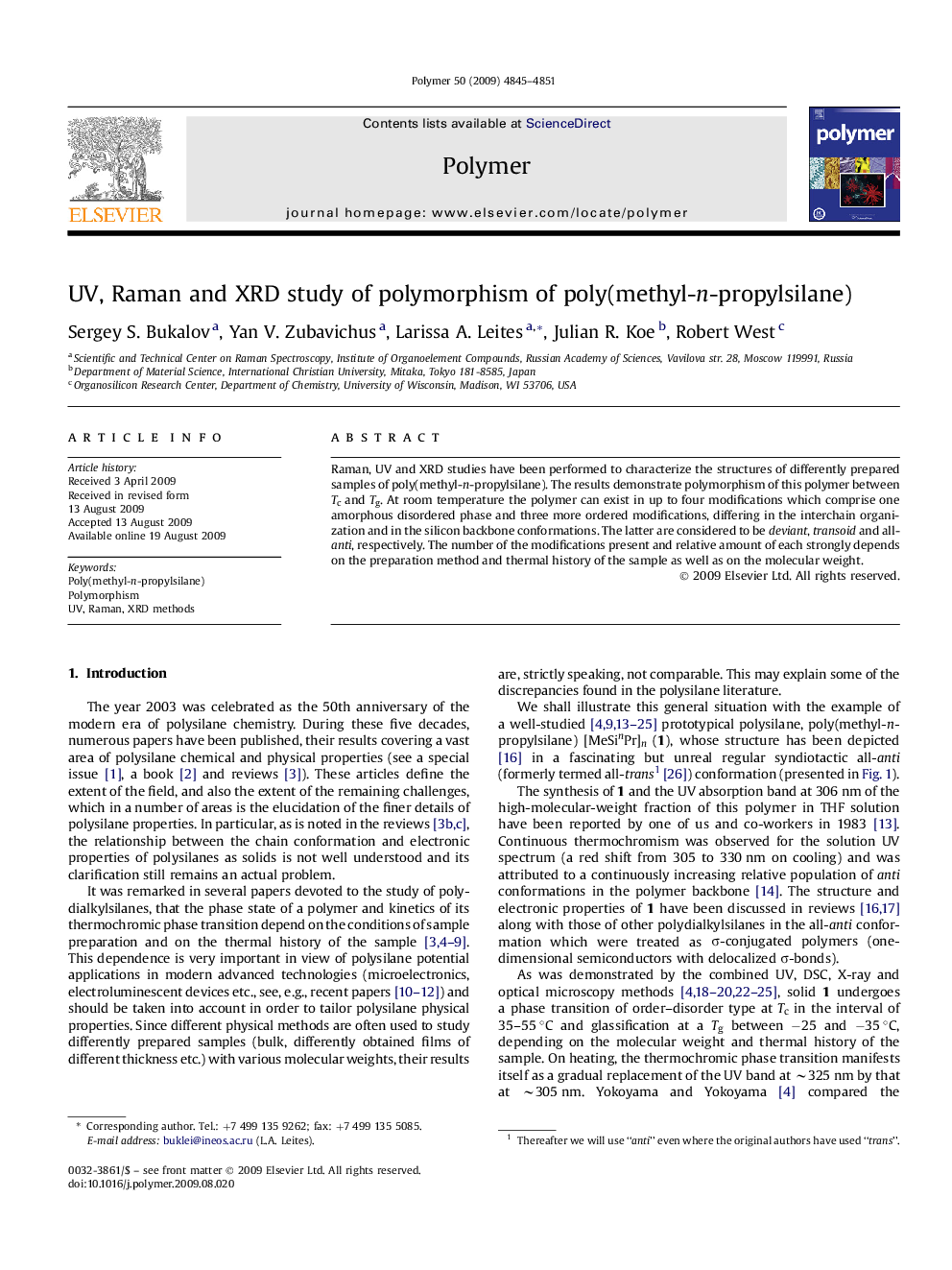 UV, Raman and XRD study of polymorphism of poly(methyl-n-propylsilane)