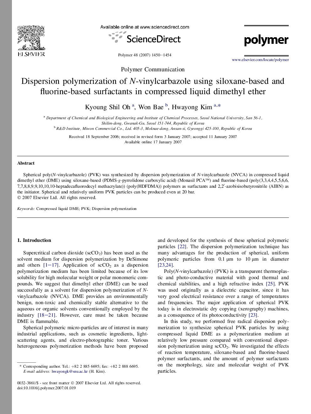 Dispersion polymerization of N-vinylcarbazole using siloxane-based and fluorine-based surfactants in compressed liquid dimethyl ether