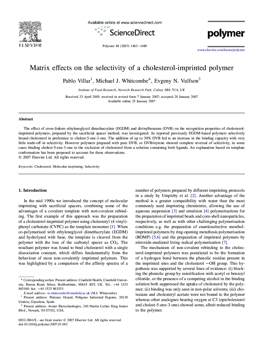 Matrix effects on the selectivity of a cholesterol-imprinted polymer