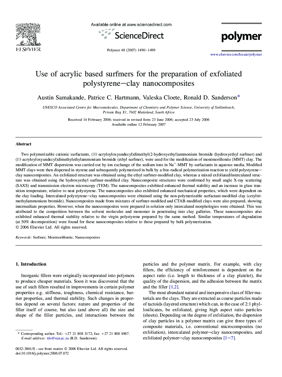 Use of acrylic based surfmers for the preparation of exfoliated polystyrene-clay nanocomposites