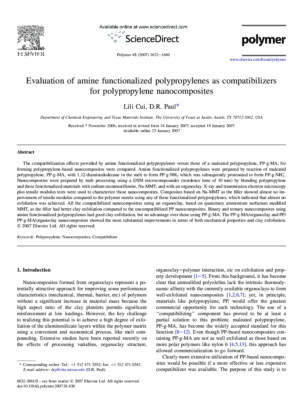 Evaluation of amine functionalized polypropylenes as compatibilizers for polypropylene nanocomposites