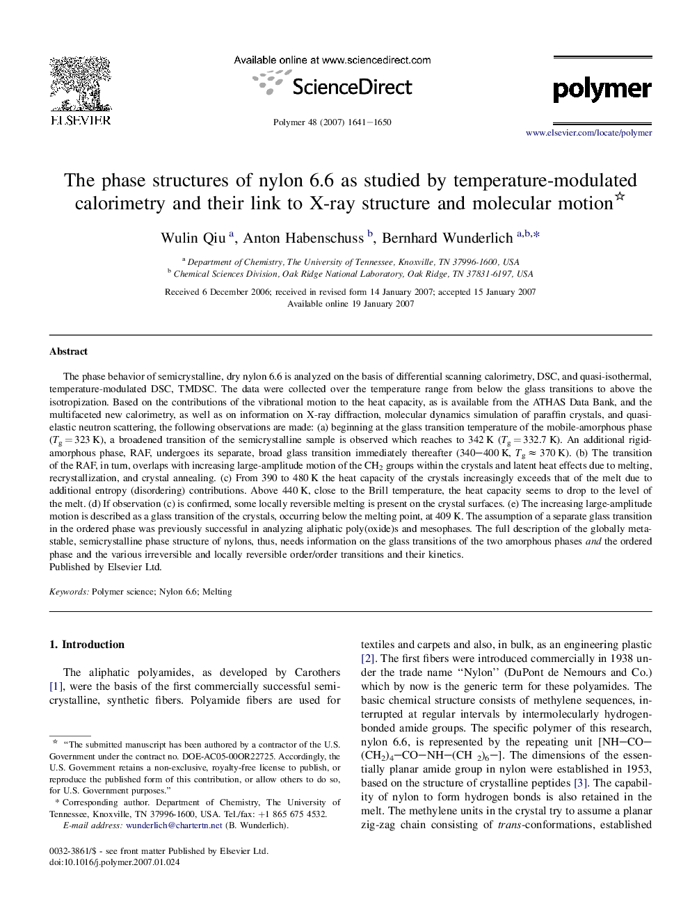 The phase structures of nylon 6.6 as studied by temperature-modulated calorimetry and their link to X-ray structure and molecular motion