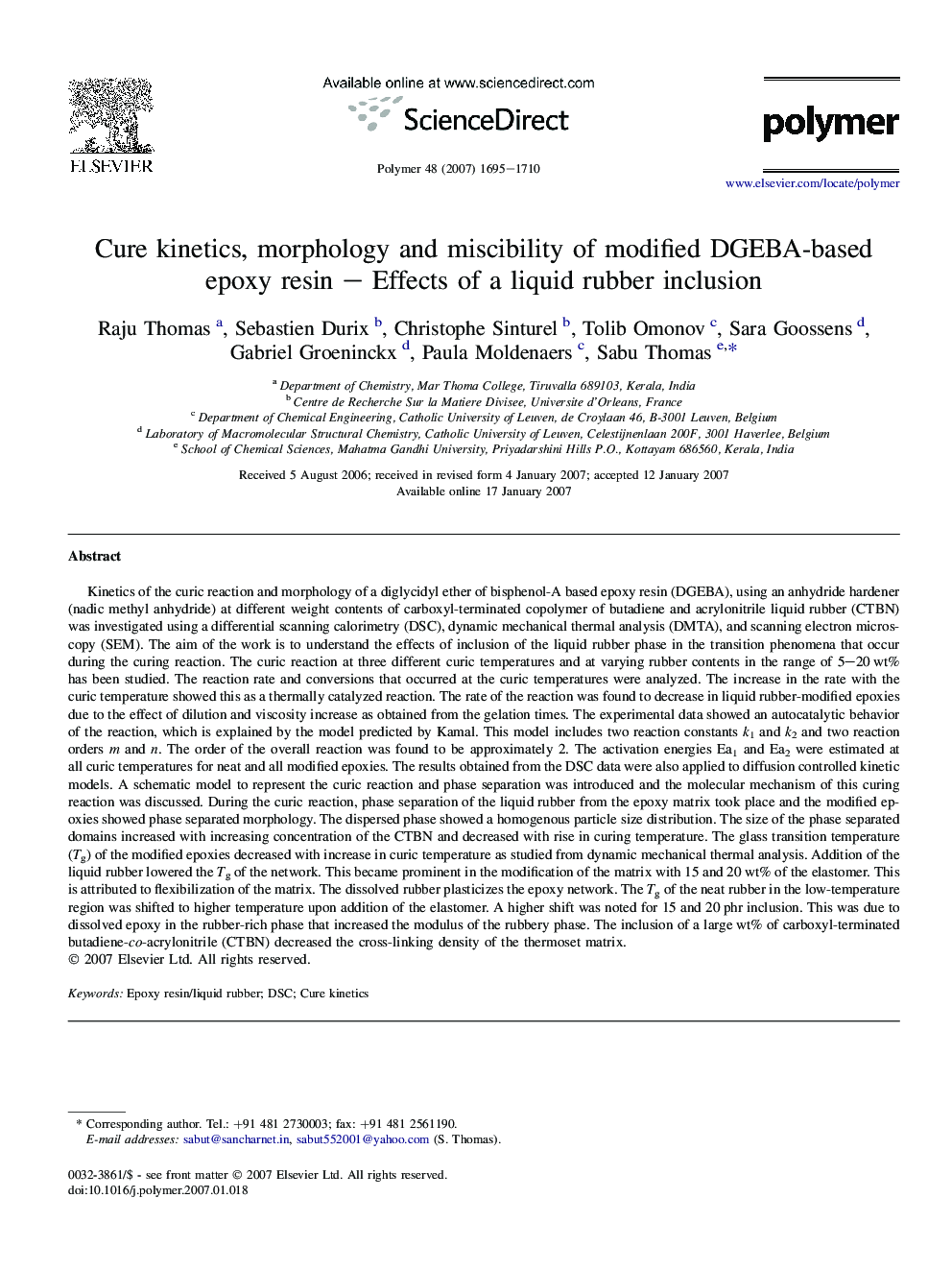 Cure kinetics, morphology and miscibility of modified DGEBA-based epoxy resin - Effects of a liquid rubber inclusion