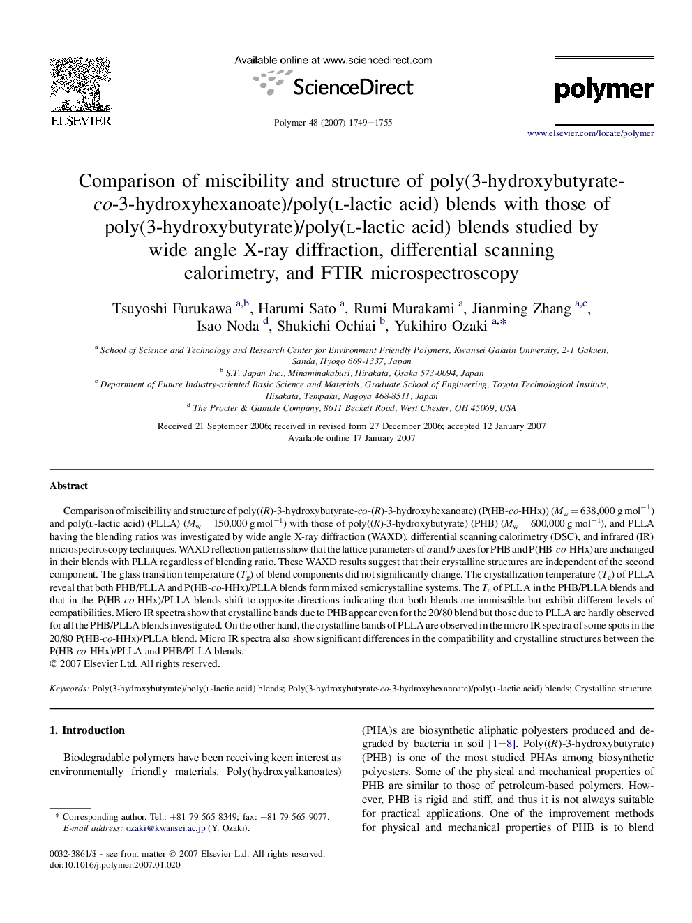 Comparison of miscibility and structure of poly(3-hydroxybutyrate-co-3-hydroxyhexanoate)/poly(l-lactic acid) blends with those of poly(3-hydroxybutyrate)/poly(l-lactic acid) blends studied by wide angle X-ray diffraction, differential scanning calorimetry