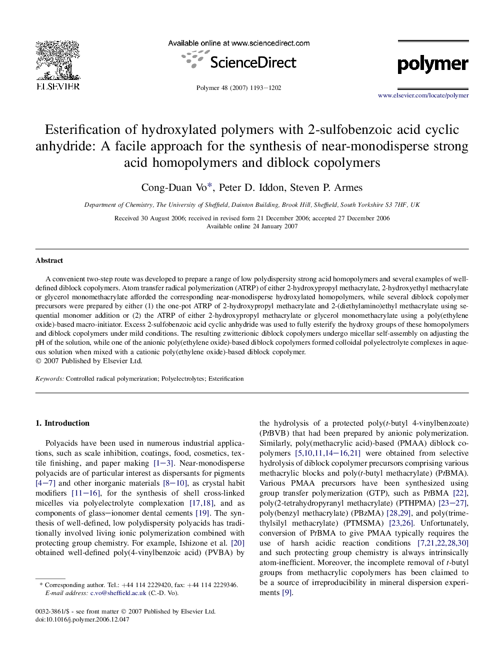 Esterification of hydroxylated polymers with 2-sulfobenzoic acid cyclic anhydride: A facile approach for the synthesis of near-monodisperse strong acid homopolymers and diblock copolymers