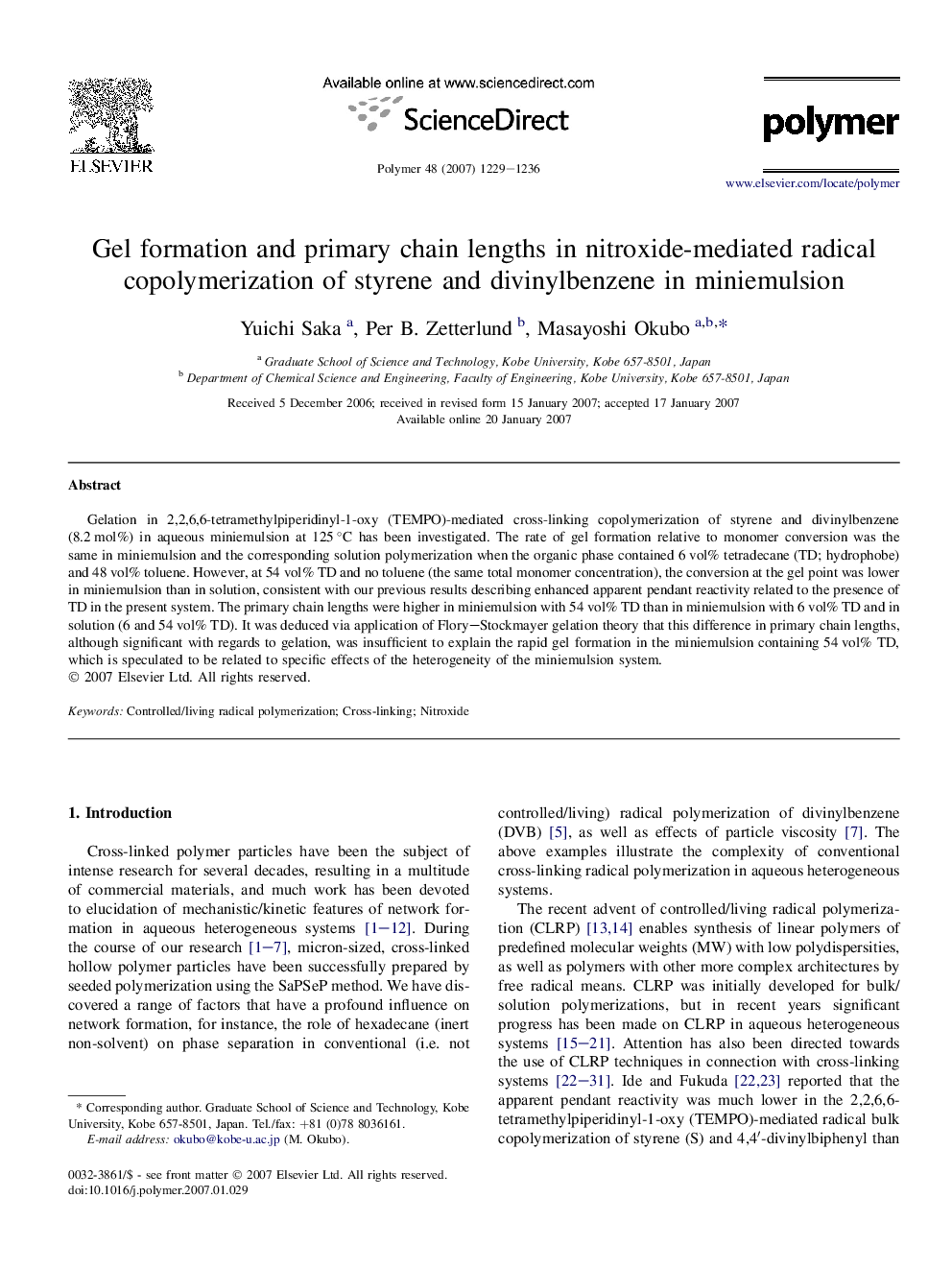 Gel formation and primary chain lengths in nitroxide-mediated radical copolymerization of styrene and divinylbenzene in miniemulsion